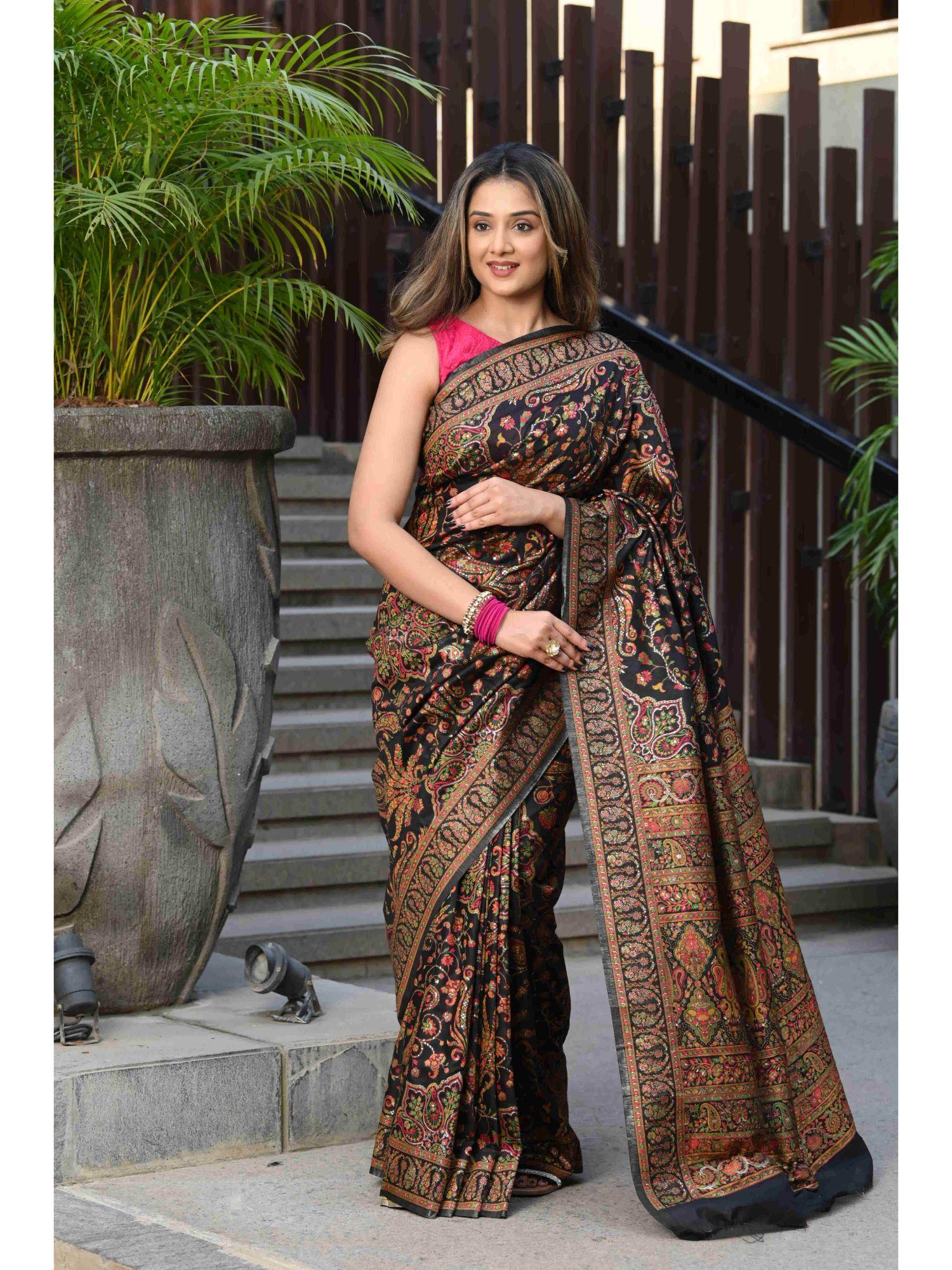 black modal silk woven saree with unstitched blouse