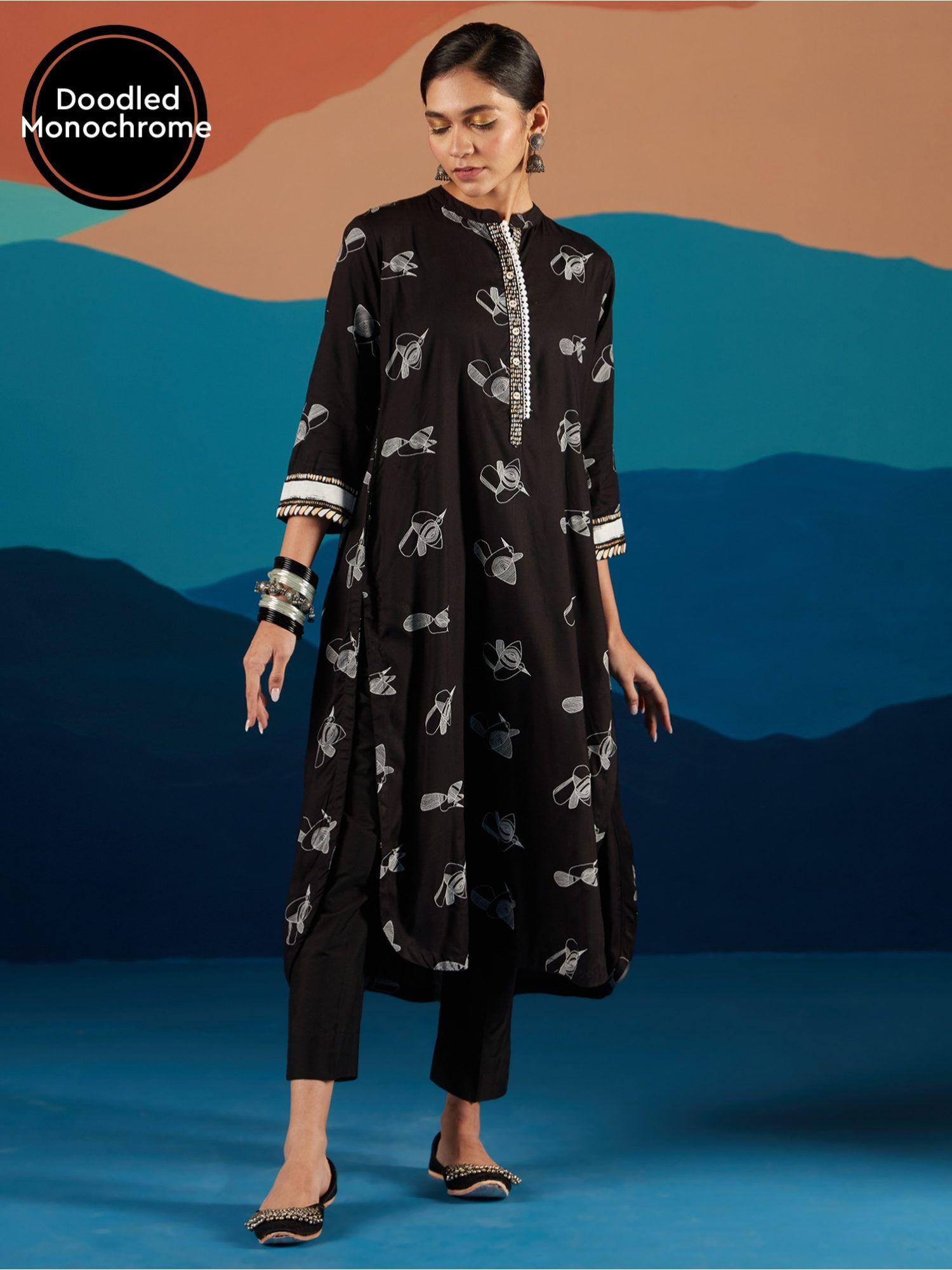 black monochrome bird printed straight kurta likkur157