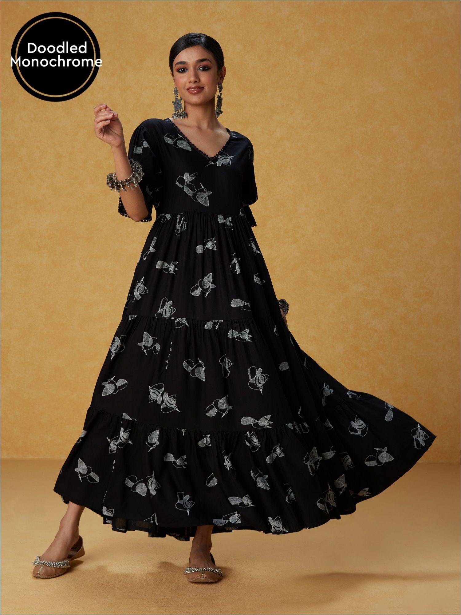 black monochrome bird printed tiered maxi dress likdrs44