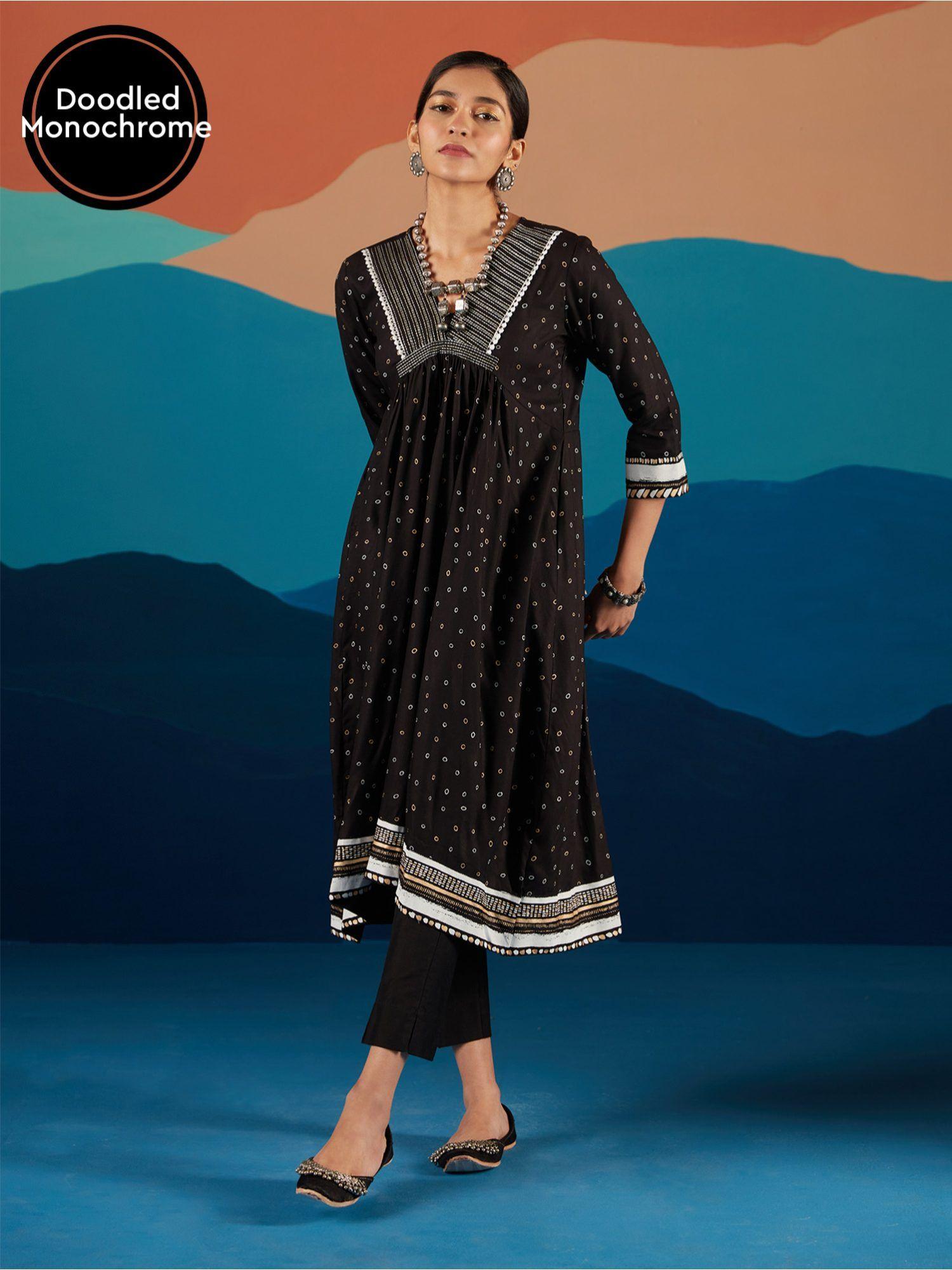 black monochrome dot printed flared kurta likkur155