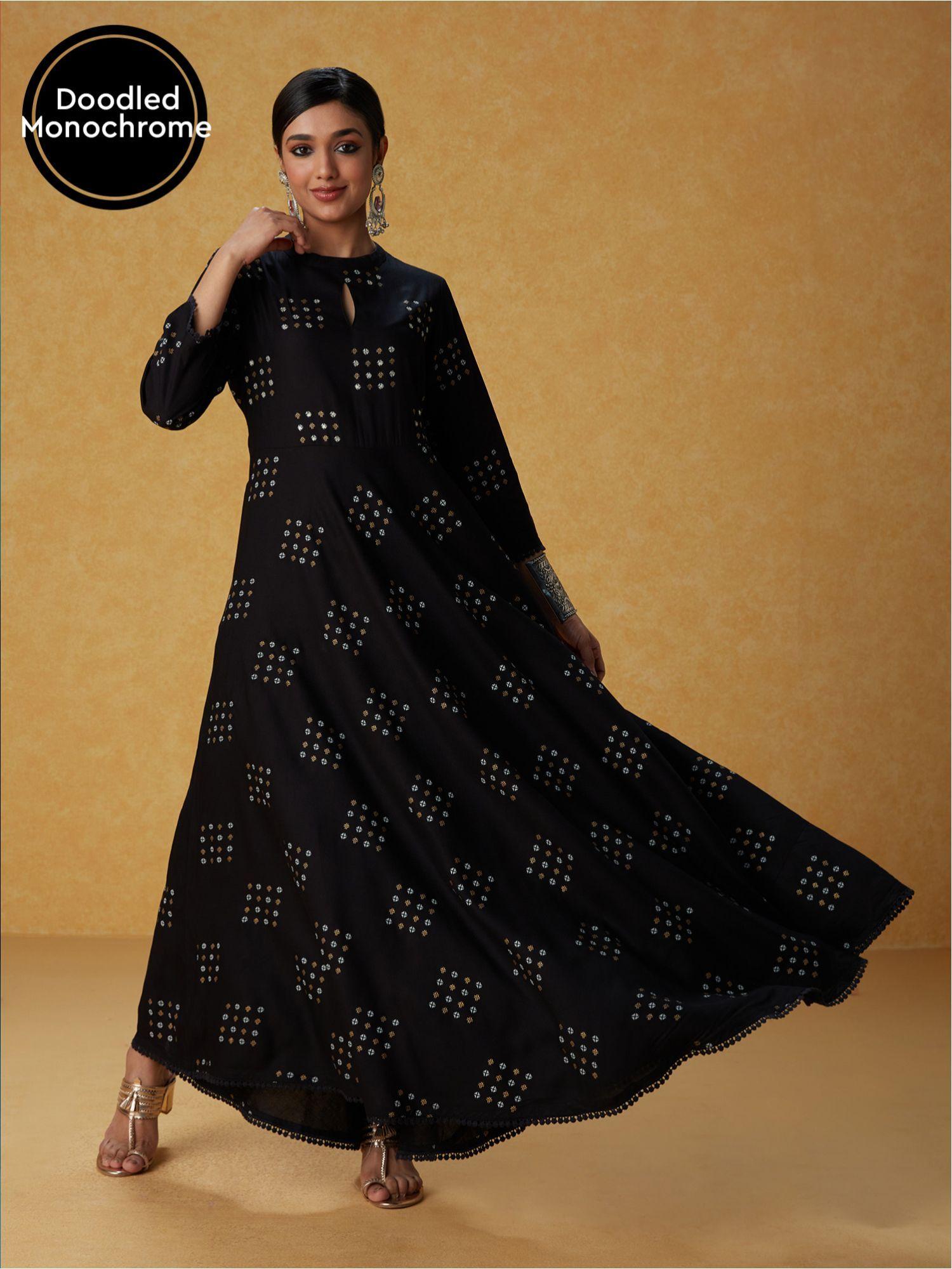 black monochrome dot printed flared maxi dress likkur161