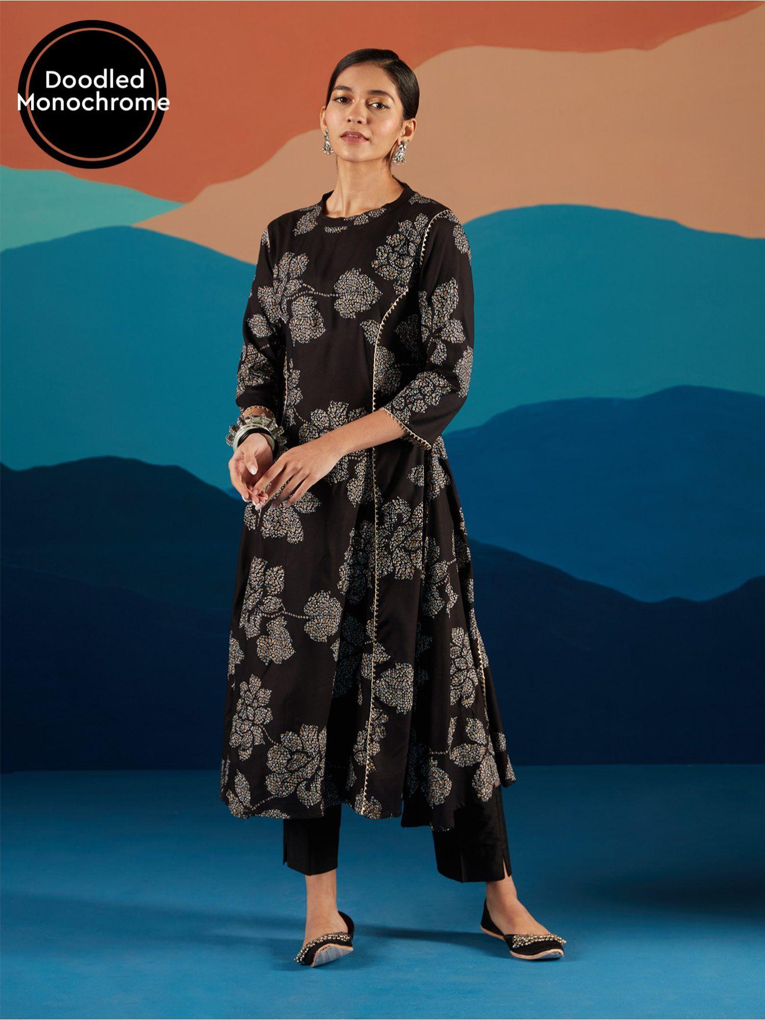 black monochrome floral printed aine kurta likkur159