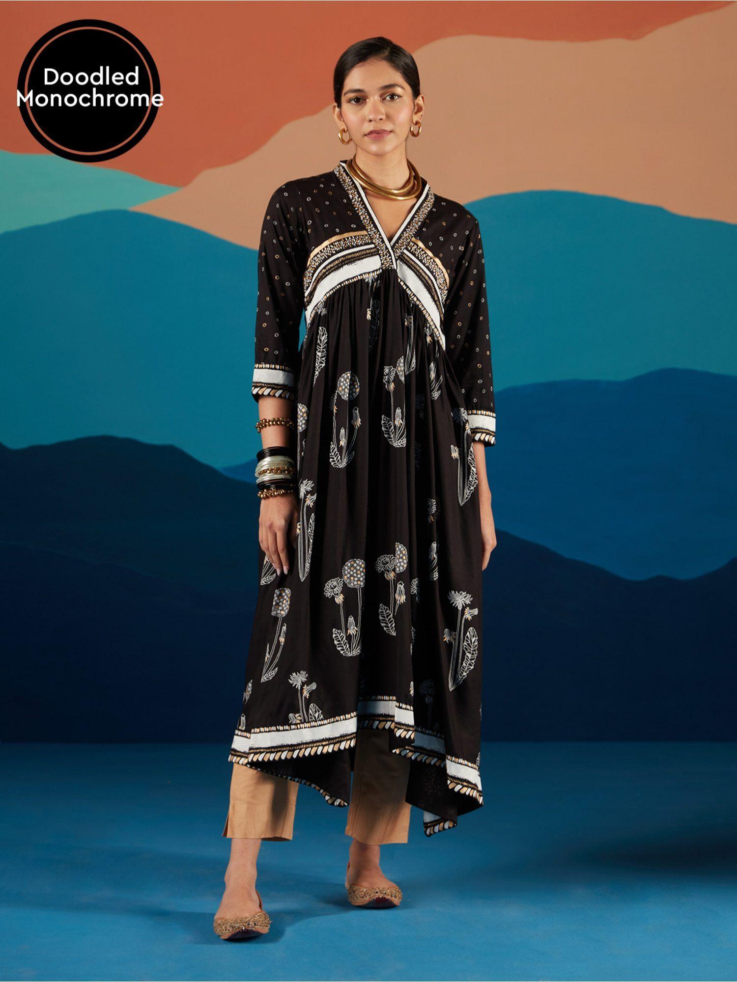 black monochrome floral printed alia cut flared kurta likkur158