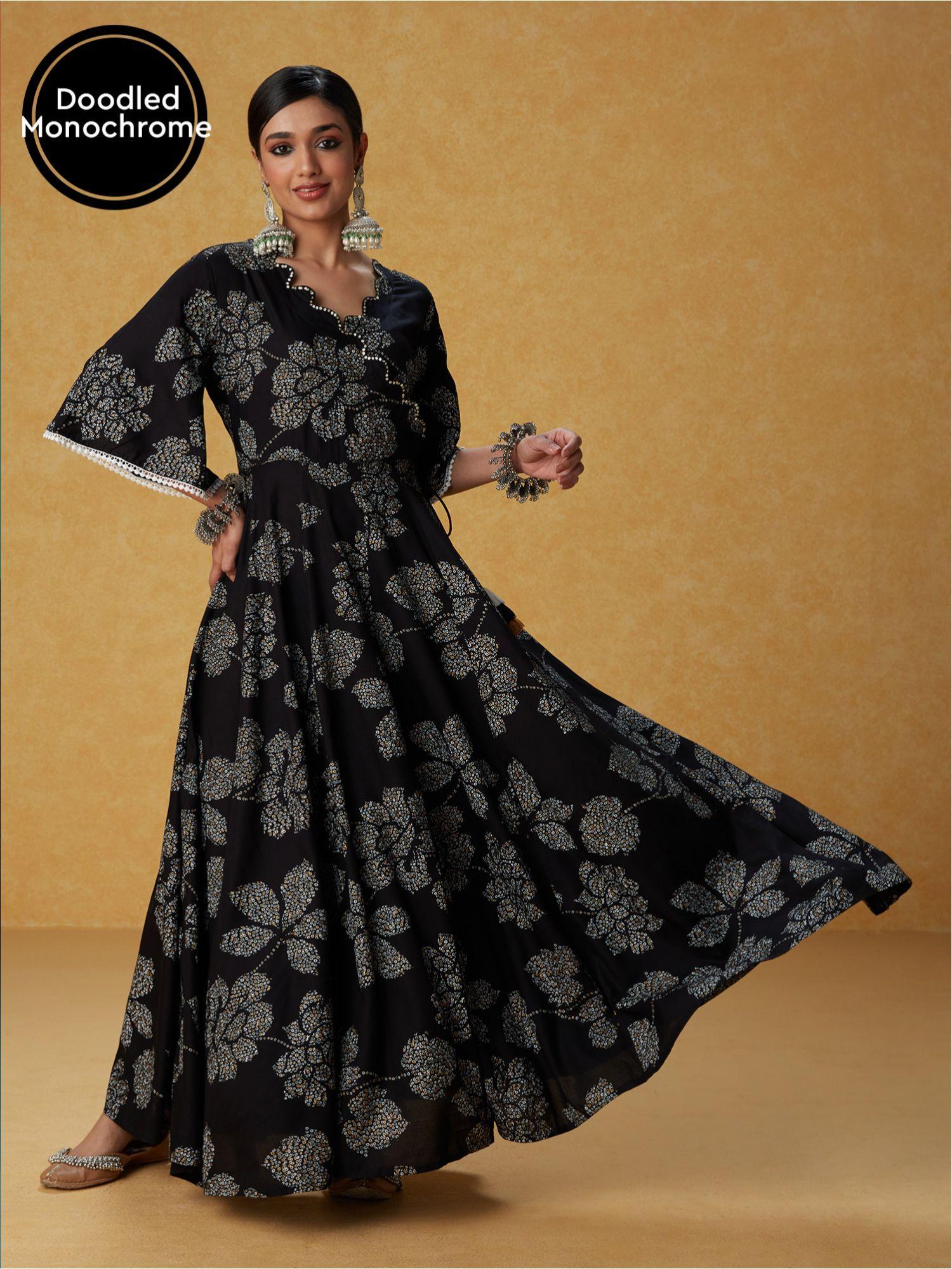 black monochrome floral printed angrakha maxi dress likdrs45