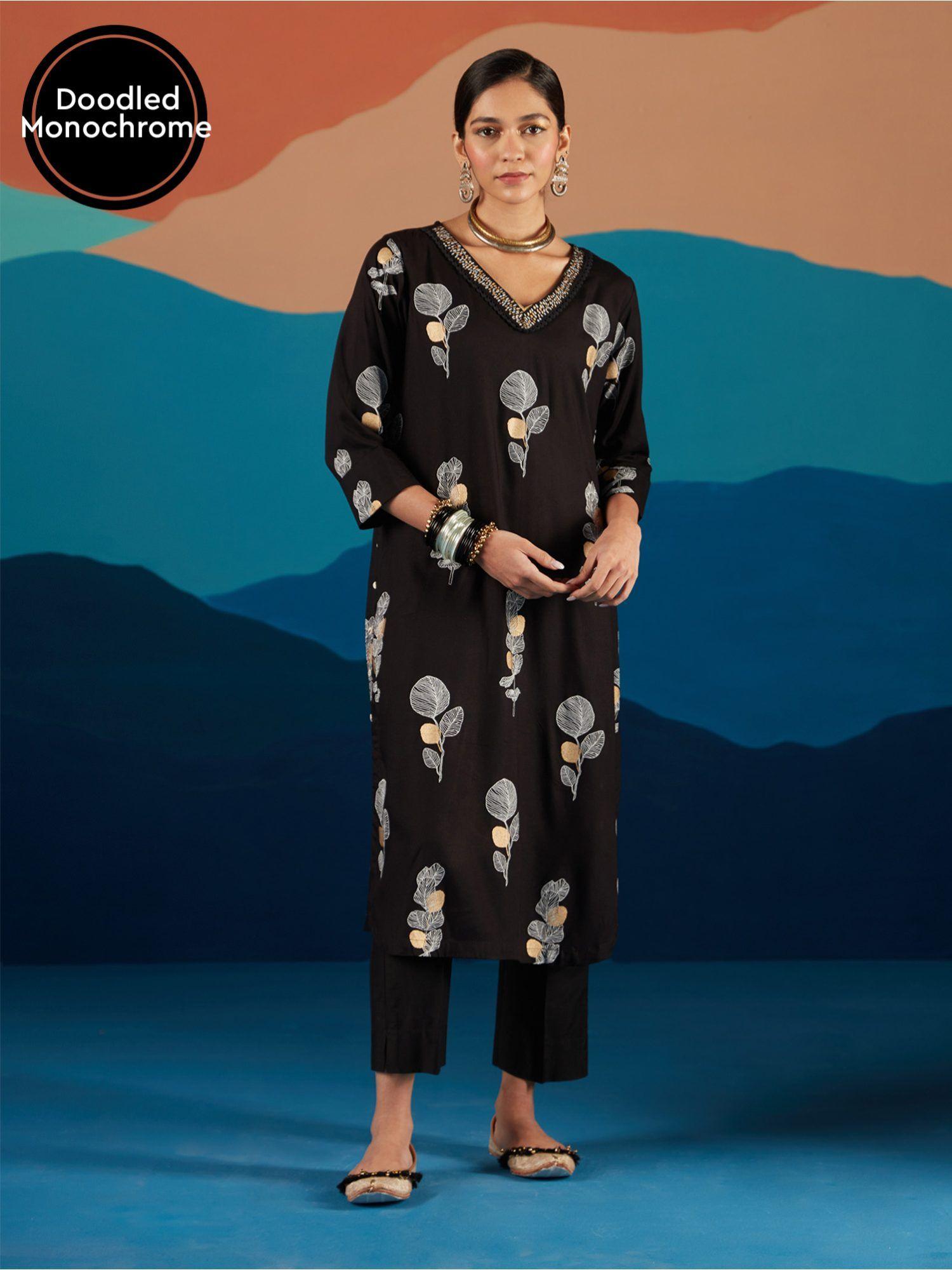 black monochrome floral printed straight kurta likkur154