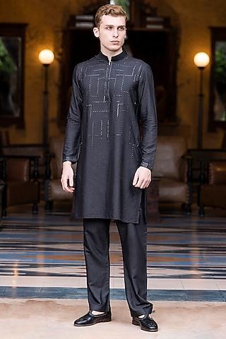 black moonga silk metal work kurta set