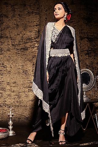 black moti embroidered cape set