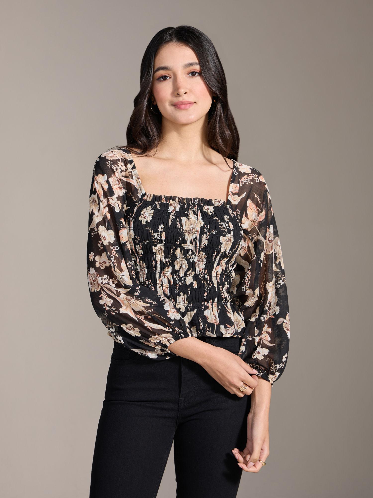 black multicolor floral full sleeves top