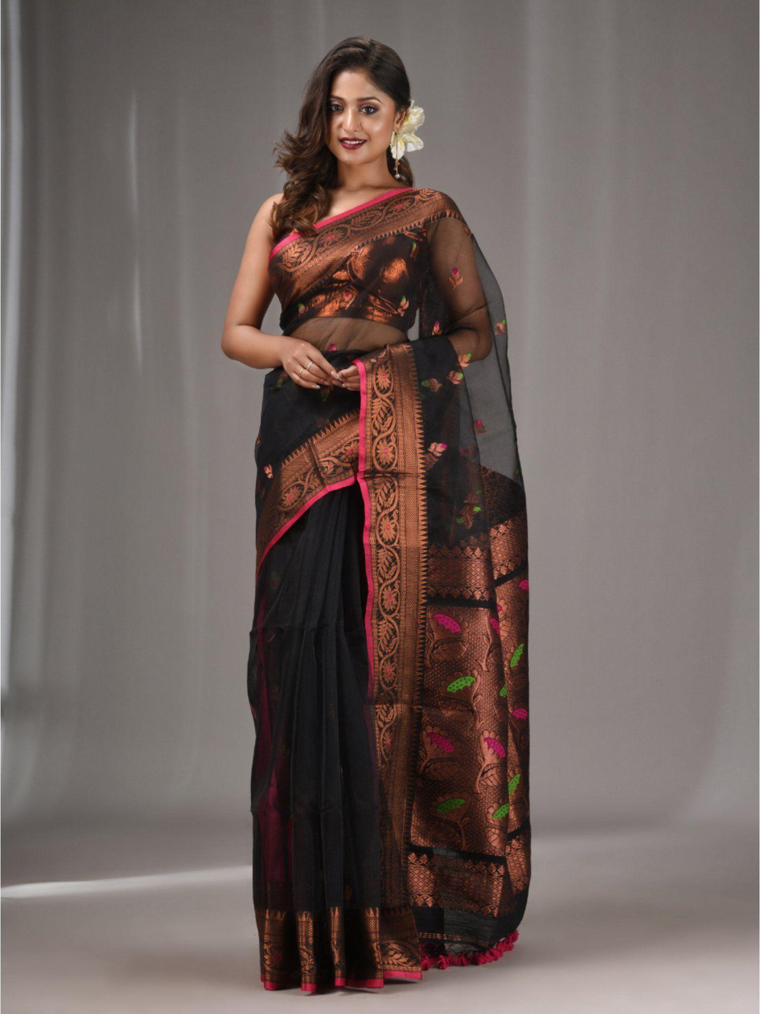 black muslin handwoven saree with nakshi border with unstitched blouse