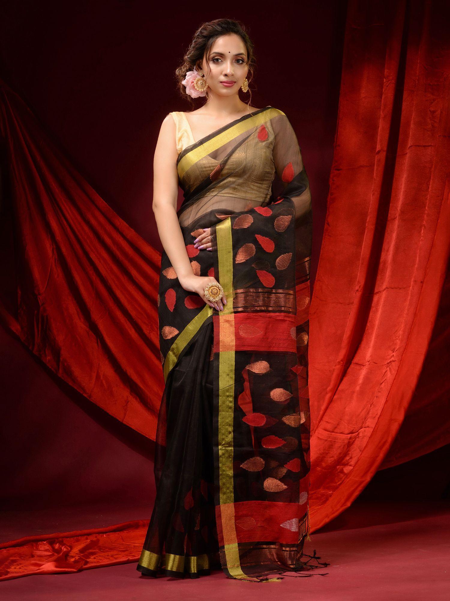 black muslin handwoven woven motifs and zari borders saree with unstitched blouse