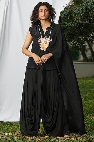 black natural crepe dhoti skirt saree set