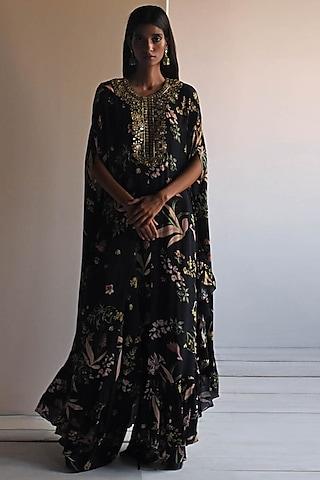 black natural crepe floral printed & embroidered cape set