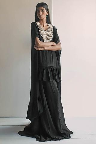 black natural crepe hand embroidered cape set