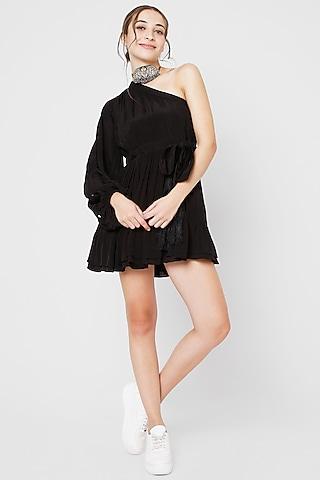 black natural crepe one shoulder dress