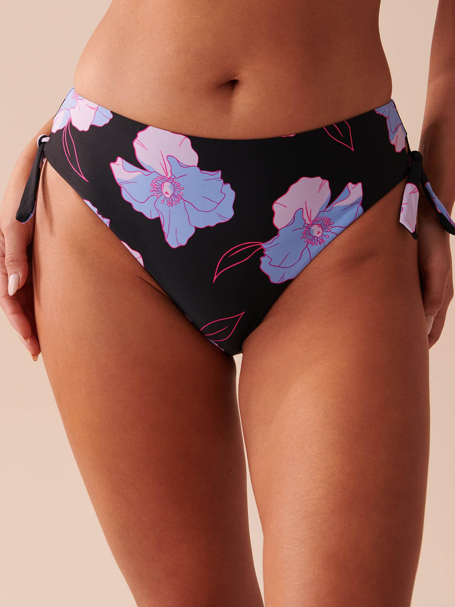 black neon floral printed knotted high waist bikini bottom