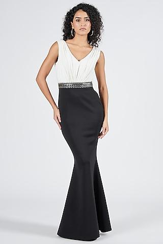 black neoprene color-blocked saree gown
