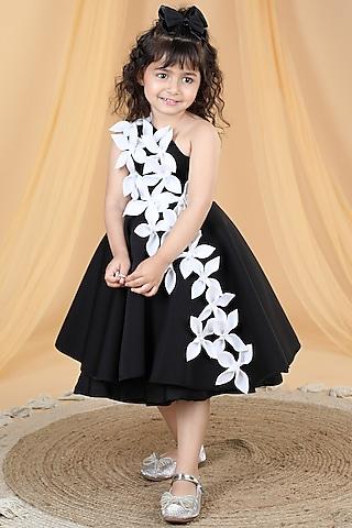 black neoprene floral embellished dress for girls