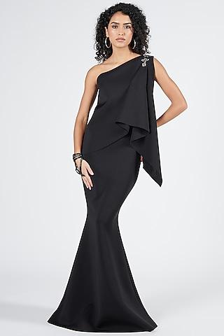 black neoprene one-shoulder draped saree gown