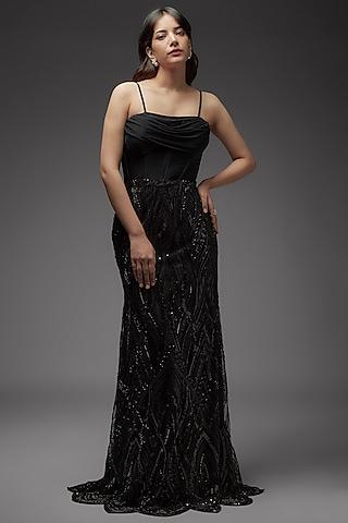black net & lycra cutdana embroidered corset bodice gown