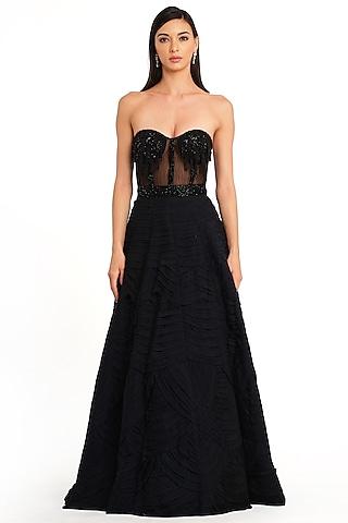 black net & raw silk frill corset gown