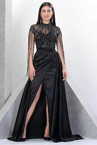 black net & satin embellished flared gown