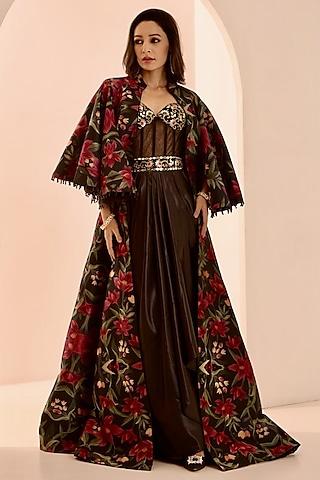 black net & satin mirror embroidered draped gown with jacket