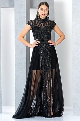 black net bead hand embroidered gown