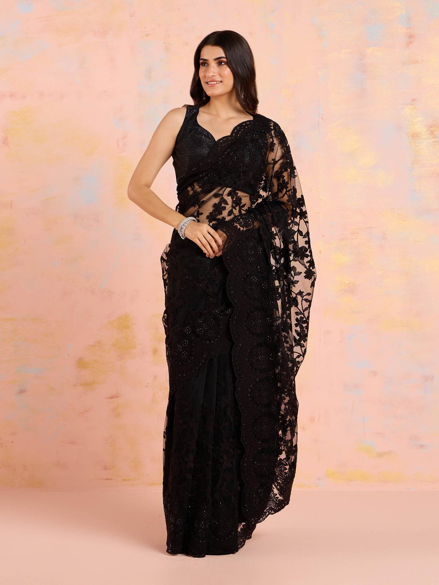 black net embellished and embroidered saree with unstitched blouse and petticoat likparsar01