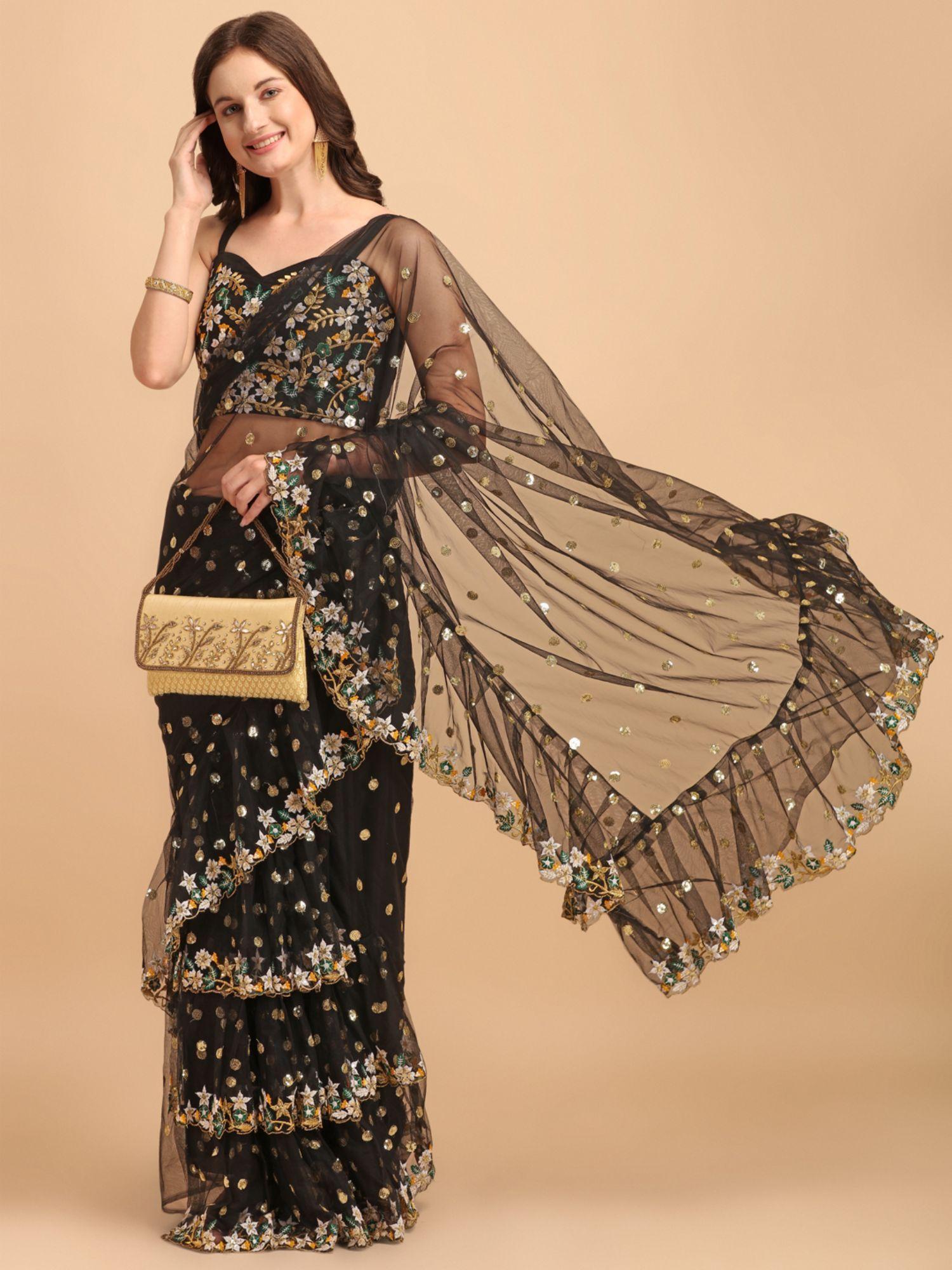 black net sequinned embroidered ruffled saree with unstitched blouse