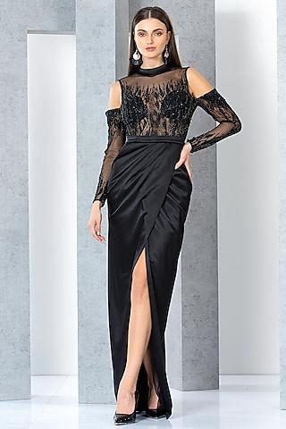 black net sequins & crystal hand embroidered gown