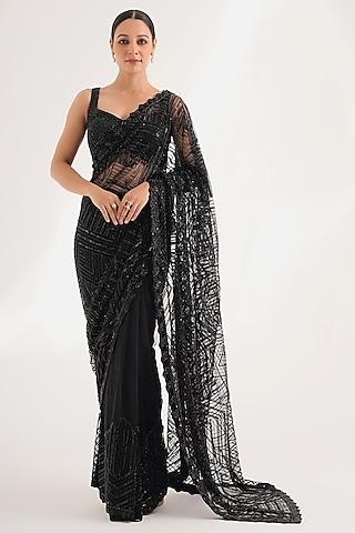 black net sequins hand embroidered saree set