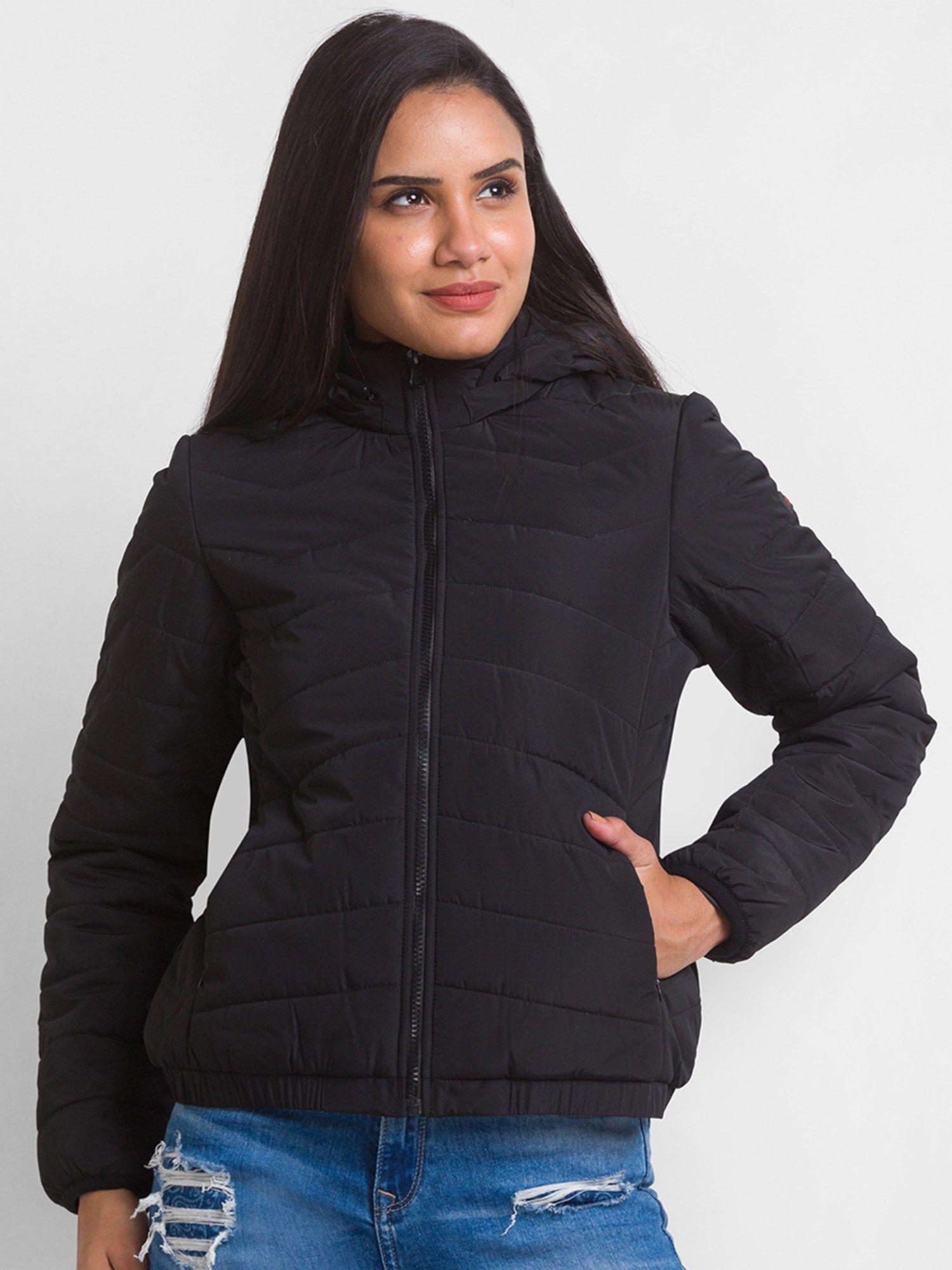 black nylon full sleeve casual jacket for women