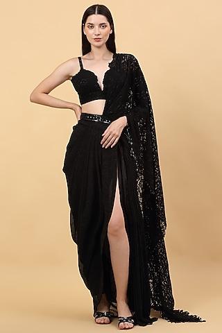 black nylon structured lace draped saree set