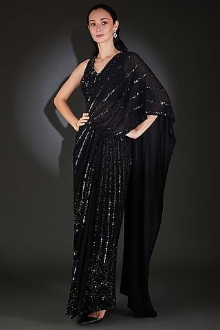 black nylon tulle metallic embellished draped saree set