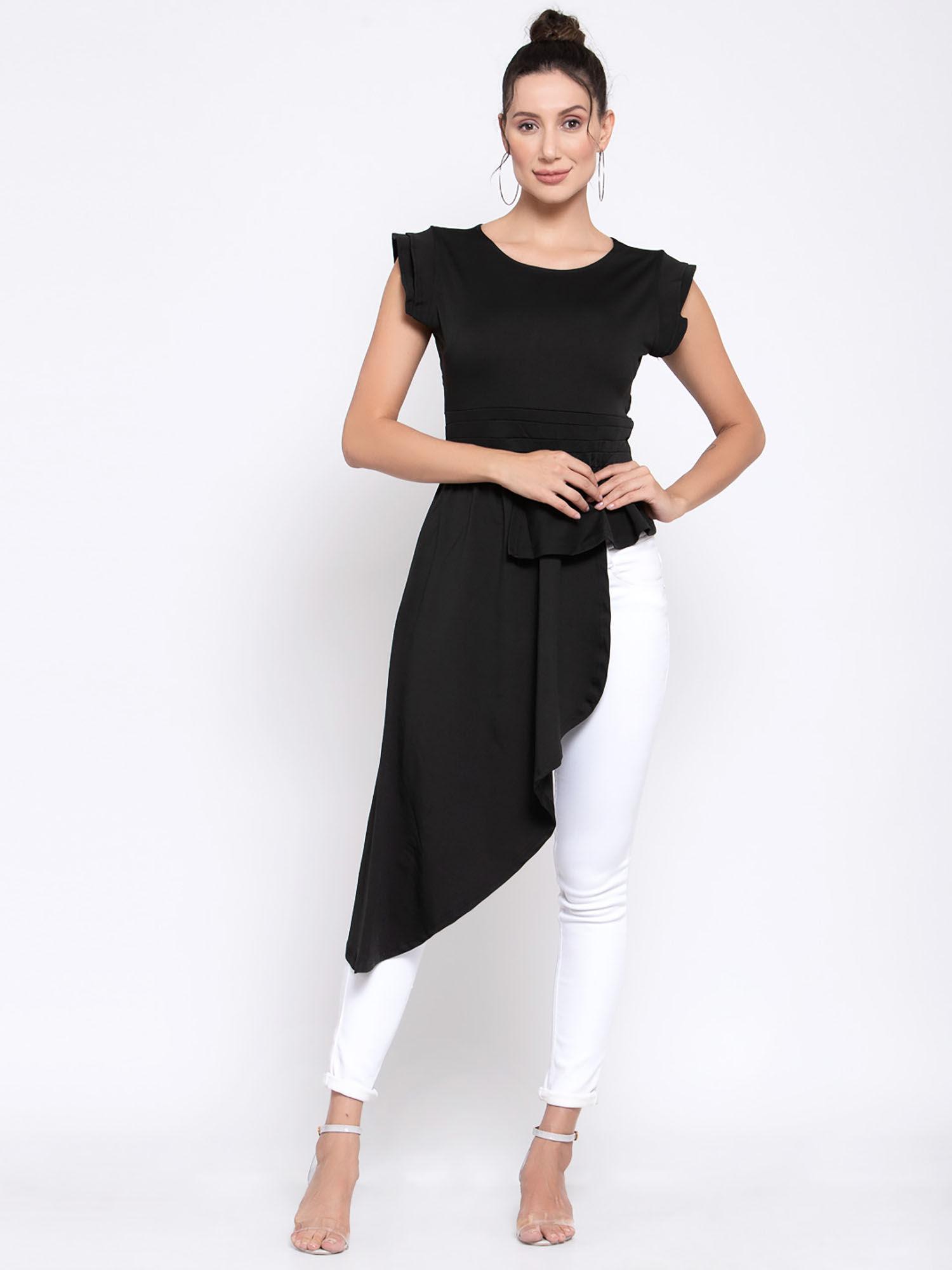 black o neck irregular hem sleeveless top