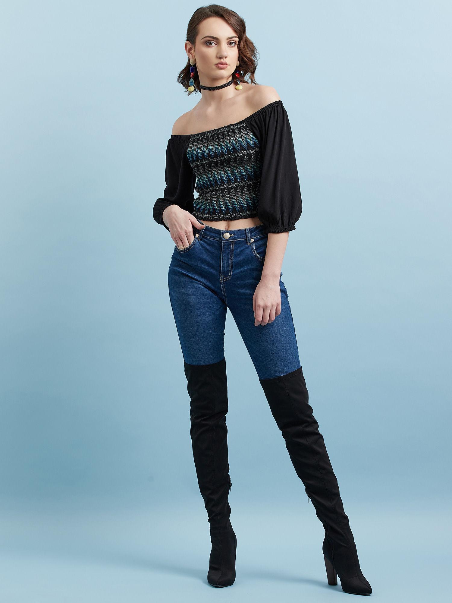 black off shoulder 3/4 sleeves short top