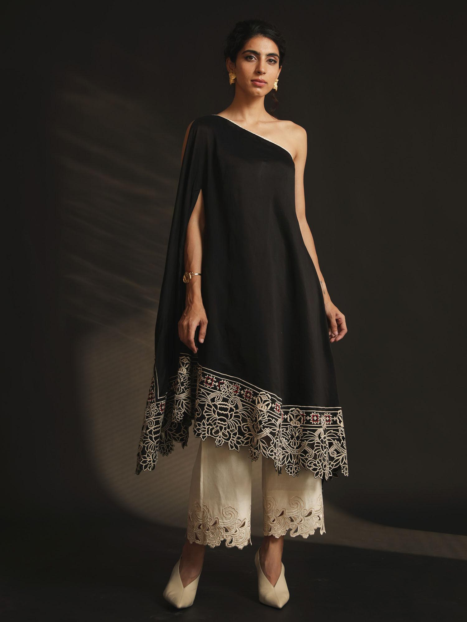 black off shoulder asymmetric kurta