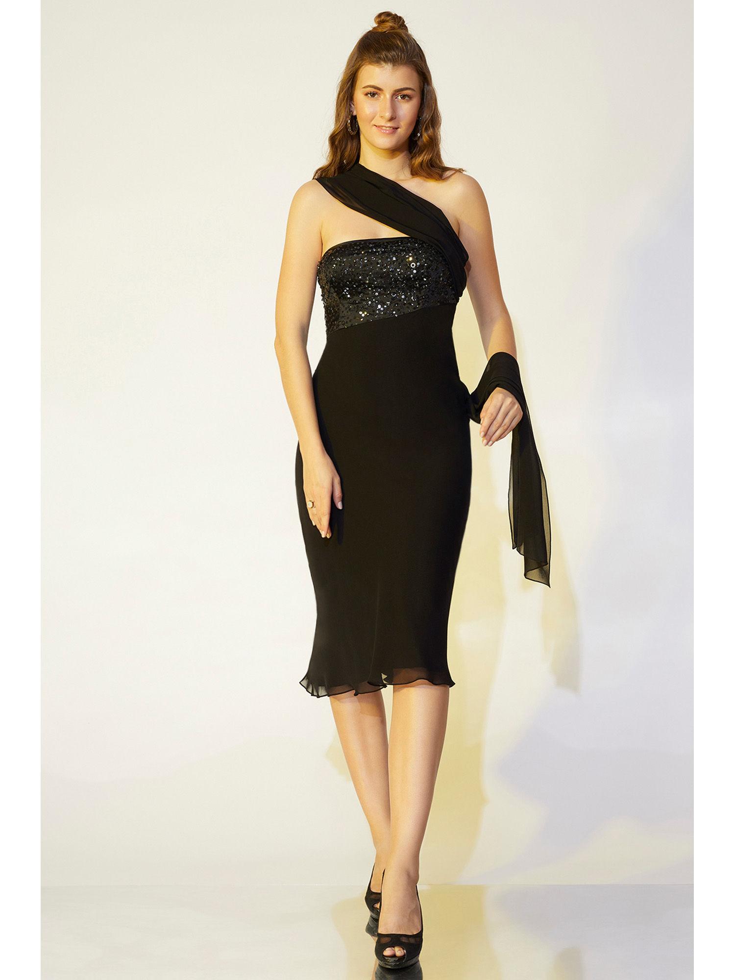 black off-shoulder dress with attached stole