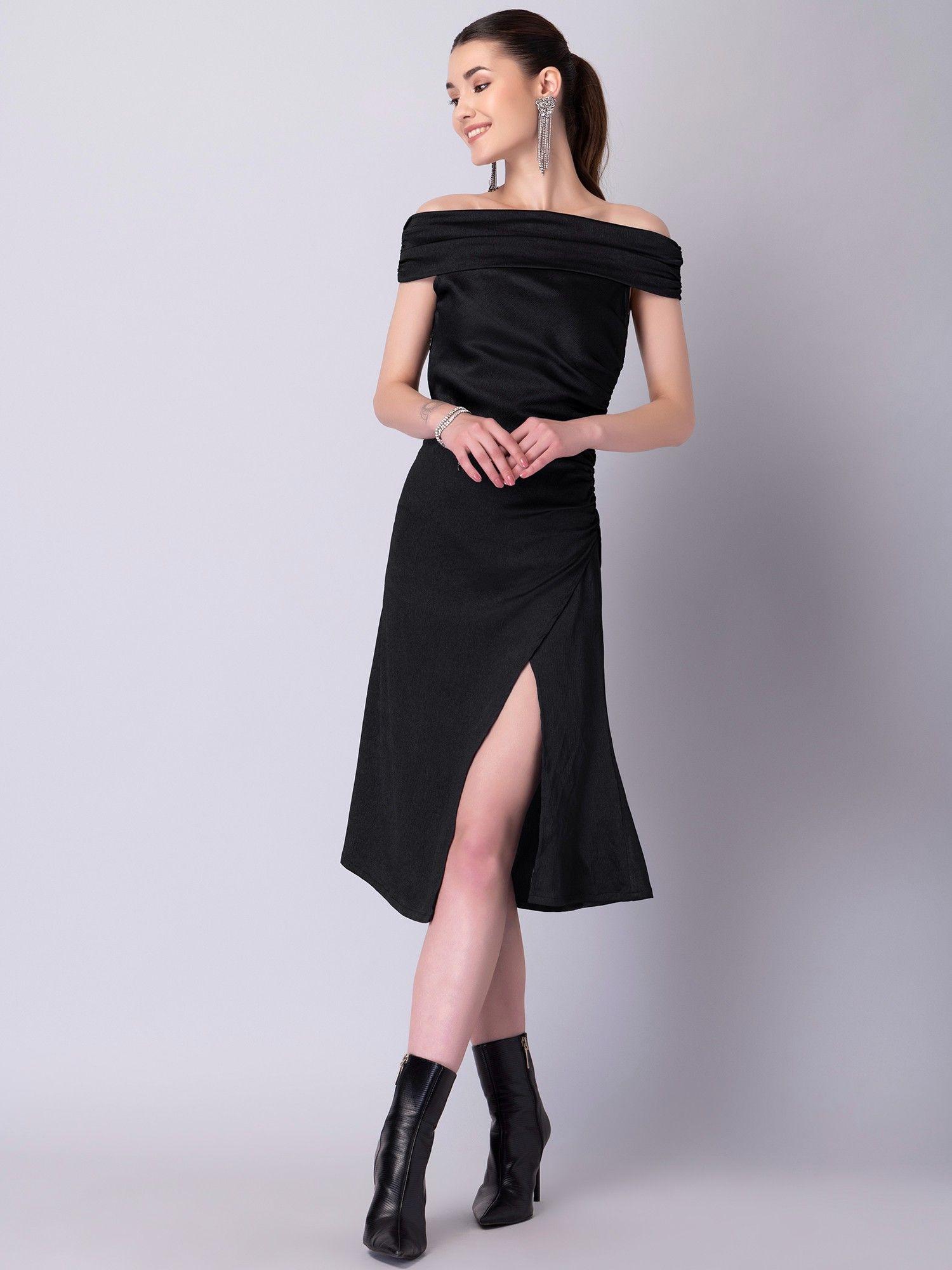 black off shoulder front slit dress