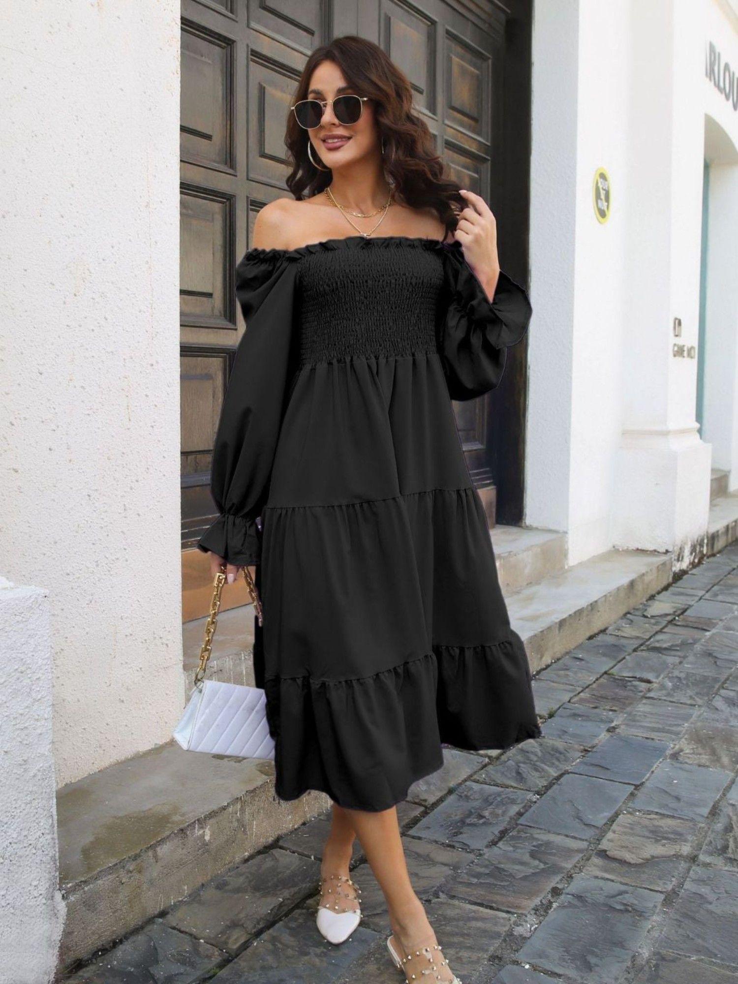 black off shoulder neck full sleeves layered dress for women