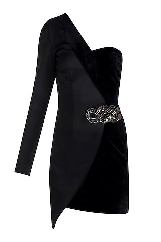 black one shoulder blazer dress with embroidered brooch