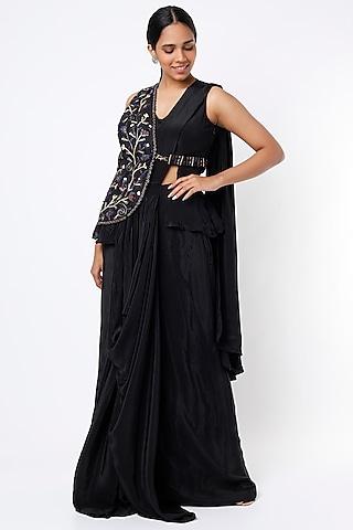 black onyx pre-stitched saree set with embroidered top