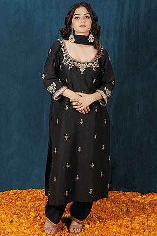 black opada silk hand embroidered kurta set