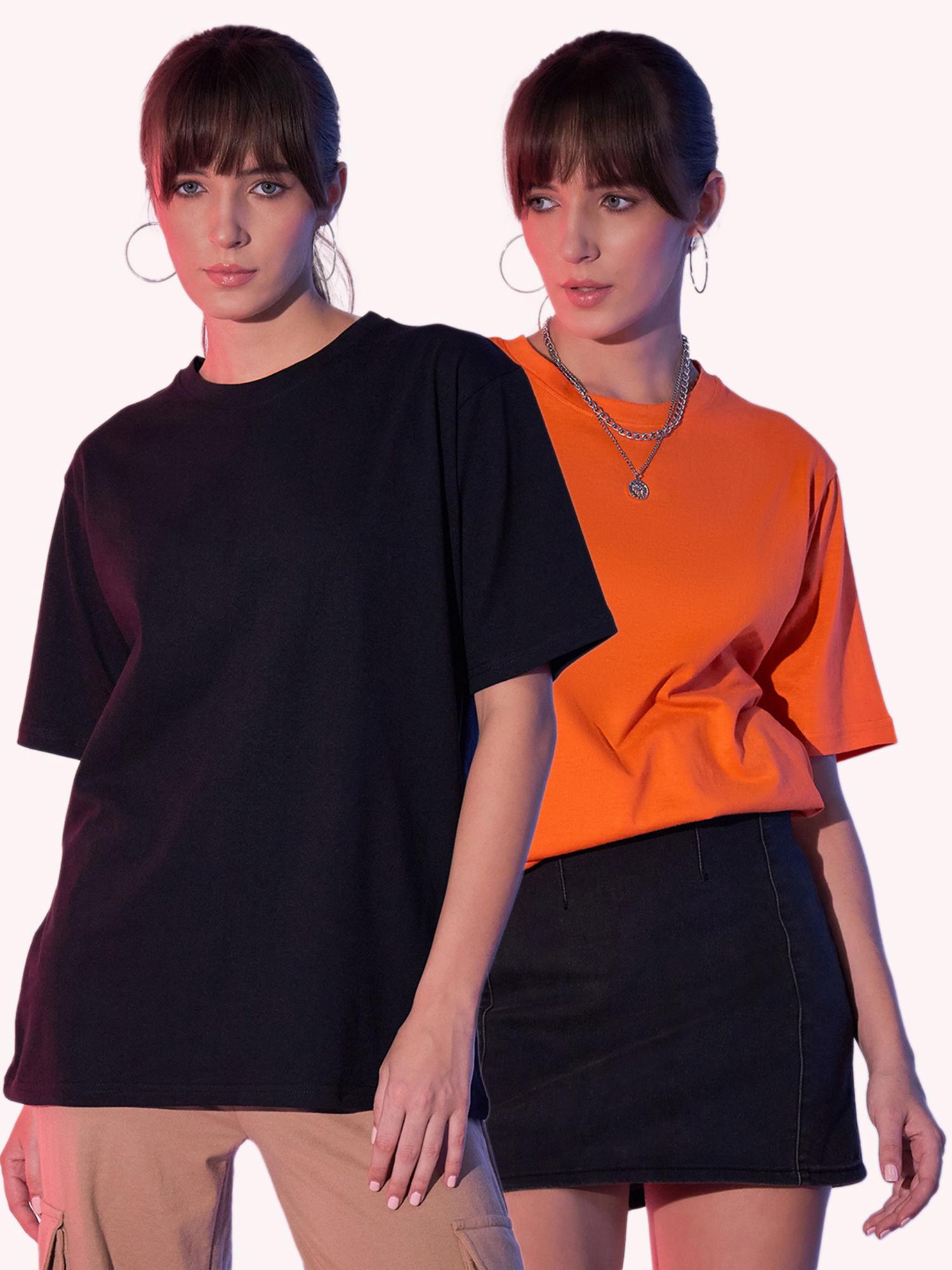 black orange solid oversized women long t-shirt (pack of 2)