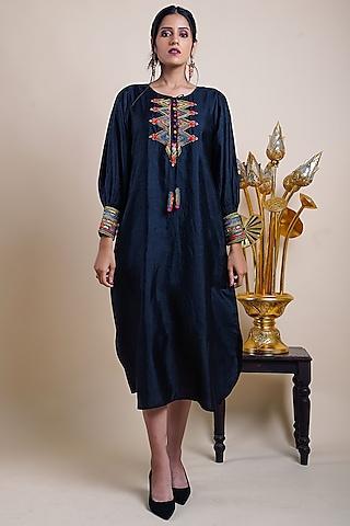 black organic silk bohemian embroidered dress