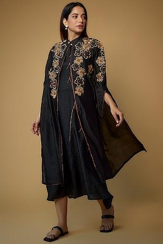black organic silk embroidered jacket dress