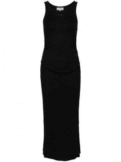 black organic stretch cotton ribbed midi dress