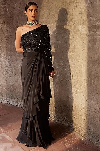 black organza & crepe embroidered one-shoulder gown