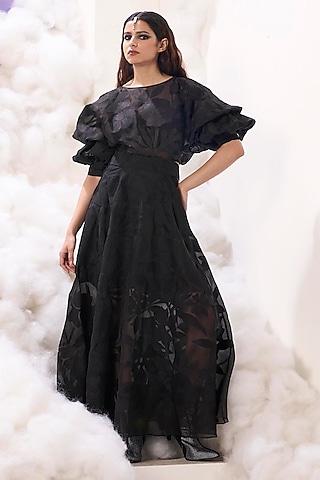 black organza 3d applique embroidered maxi dress