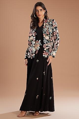 black organza applique embroidered jacket dress